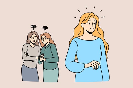 Female group chatting gossip concept. Two interested girls friends standing discussing walking by blonde lady vector illustration