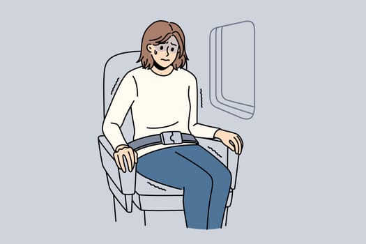 Aerophobia and being afraid of flights concept. Young stressed woman cartoon character sitting in plane near window feeling shock vector illustration