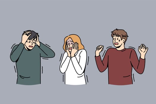 Panic and being scared concept. Group of young people standing touching cheeks faces heads feeling crazy afraid panic vector illustration
