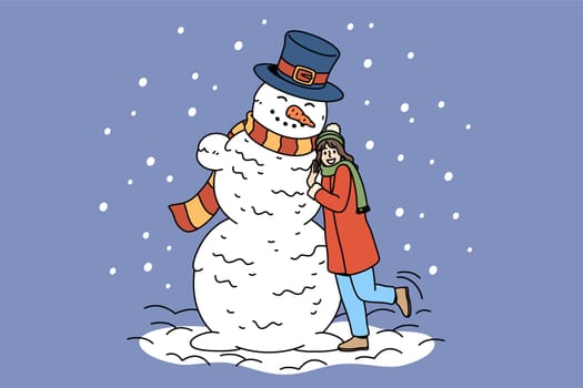 Winter active lifestyle having fun concept. Happy young woman cartoon character standing posing hugging huge snowman having fun vector illustration