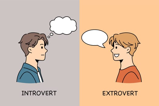 Being introvert or extrovert concept. Young serious boy introvert and smiling boy extrovert standing opposite each other with lettering vector illustration