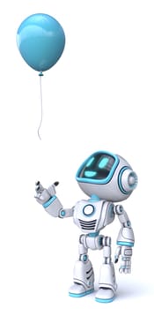 Cute blue robot look at flying balloon 3D rendering illustration isolated on white background