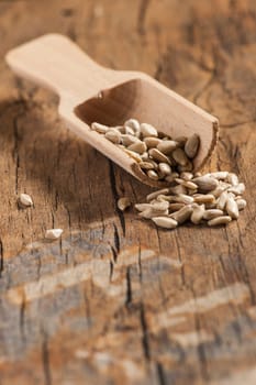 Peeled sunflower seeds with a small wooden shovel on a surface made of old wood in a vertical orientation at aperture 11.