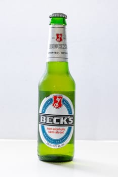 Calgary, Alberta, Canada. Nov 2, 2021. A bottle of Beck's Non-Alcoholic Beer on a clear background.