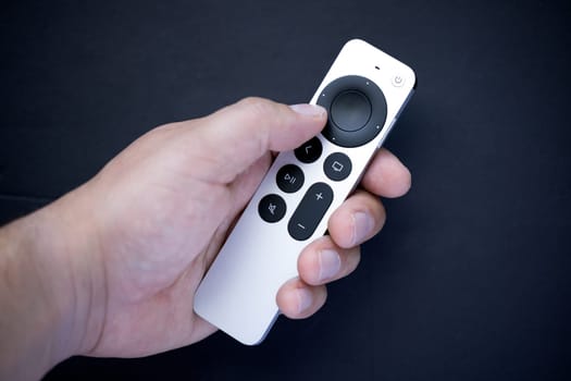 Calgary, Alberta, Canada. Nov 2, 2021. A Siri Remote (2nd generation) control for an Apple TV 4K