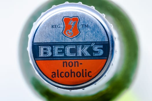 Calgary, Alberta, Canada. Nov 2, 2021. A close up of a bottle cap of Beck's Non-Alcoholic Beer.