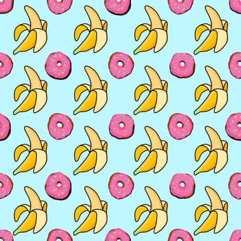 SEAMLESS PATTERN donuts and bananas. Pop art pattern. America of the 60s. Bright stylish ornament with a banana. Vector design for printing on fabric and textile, wrapping paper. Wallpaper for walls.