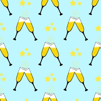 Trendy stylish pattern with glasses. Party pattern. Seamless pattern for kitchen textiles and fabrics. Bright summer design. Alcoholic yellow drinks.