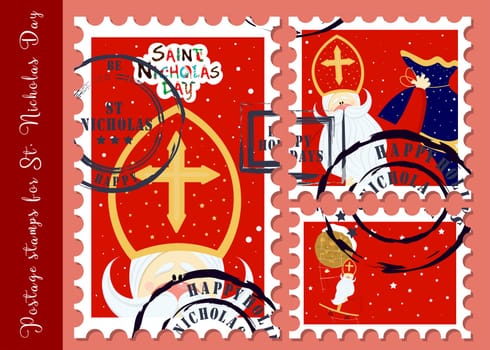 Festive postage stamps. Stamps for the day of St. Nicholas. Congratulations on the holiday. Sinterklaas eve. Old man. Christian character. Gifts for babies. CREATIVE ENVELOPE STICKERS. VECTOR ILLUSTR