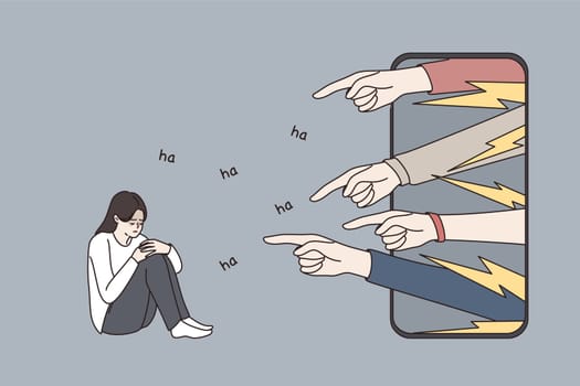 Unhappy distressed millennial girl feel depressed because of bad negative comments mocking online on smartphone chat. Depressed woman suffer from cyber bullying on social media. Vector illustration.