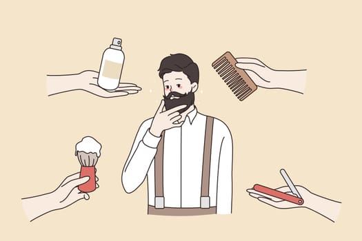 Pensive Caucasian bearded man thinking of beard hair care in beauty salon. Young male choose treatment procedure in barbershop. Hairstyle and haircare in men saloon. Flat vector illustration.