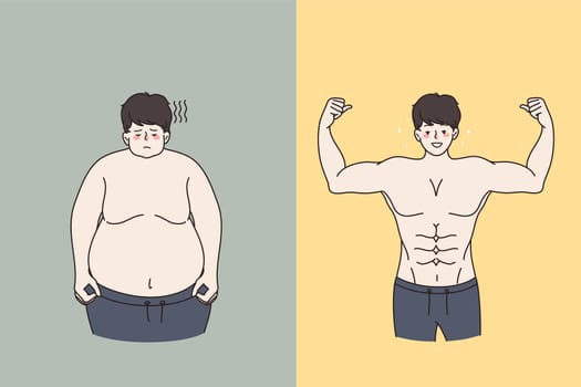 Man before after weight loss. Unhappy insecure obese fat male and smiling muscular toned. Healthy lifestyle concept. Dieting and nutrition planning. Sport and exercise result. Vector illustration.