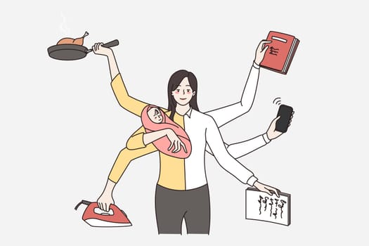 Successful businesswoman and good young mother multitask manage parenthood and work. Smiling confident mom and worker balance. Career and motherhood concept. Vector illustration.