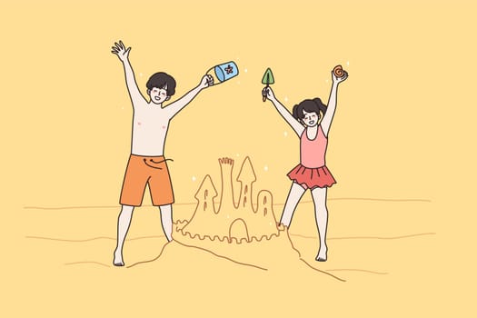 Happy small children play in sand on beach enjoy summer vacation. Smiling little kids boy and girl have fun building castle on seaside on family sea holidays. Childhood concept. Vector illustration.