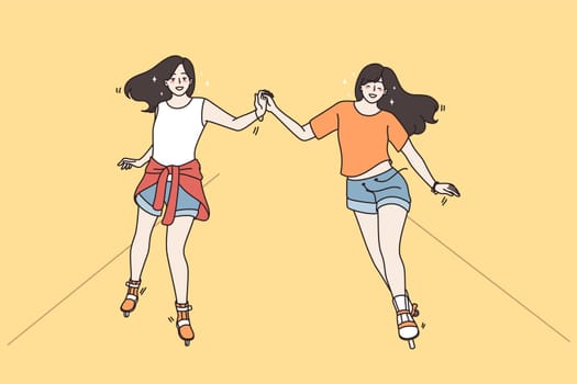 Smiling millennial girls roller skating on streets relax rest on weekend together. Happy young women skaters have active leisure time outdoor. Hobby and sport concept. Flat vector illustration.