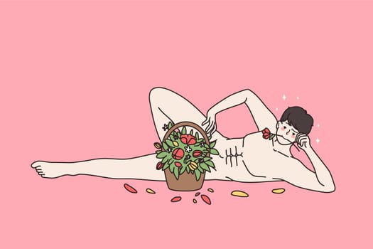 Sexy young Caucasian man lying with flower in mouth, greeting congratulation with Valentine day. Naked male model with floral bouquet congratulate women. Flat vector illustration, cartoon character.