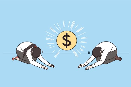 Businesspeople worship dollar coin symbol. Man and woman have prayer ceremony to money. New religion, finance concept. Wealth and greed. Flat vector illustration, cartoon character.