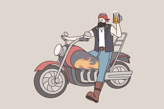 Cool bearded man biker sit on motorcycle drinking beer. Brutal male rocker on motor bike enjoy alcoholic beverage. Subculture, manhood concept. Flat vector illustration, cartoon character.