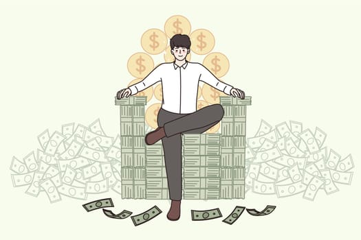 Happy young man millionaire sit on chair stack on money banknotes. Smiling confident businessman reach success in business. Wealth and greedy. Finance. Billionaire life. Flat vector illustration.