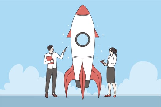 Businesspeople stand near rocket talking speaking, metaphor of starting business project. Man and woman brainstorm launch successful strategy or idea. Accomplishment. Flat vector illustration.