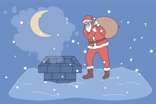 Santa Claus in red festive costume with bag of presents jump in chimney on house roof. Father Christmas congratulate with winter holidays with gifts. New Year celebration. Vector illustration.