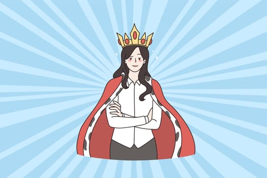 Confident businesswoman in crown and robe show leadership