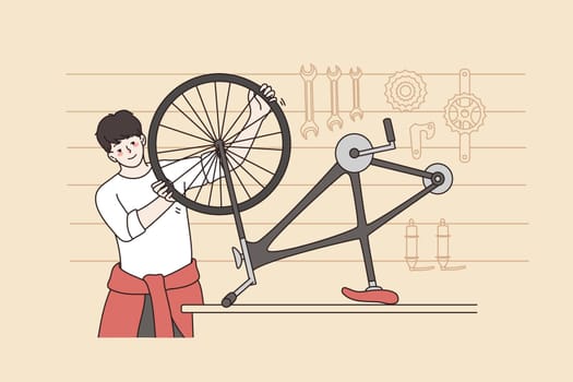 Smiling young man repair bicycle on table in garage or workshop. Happy guy mechanic fixing bike in shop. Small business or entrepreneur, good service concept. Flat vector illustration.