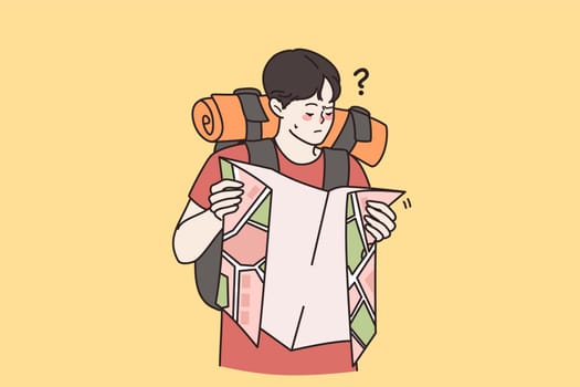 Confused man backpacker hold map tracking route get lost in wilderness nature or forest. Frustrated male tourist check way on paper plan. Travel, tourism concept. No GPS. Vector illustration.