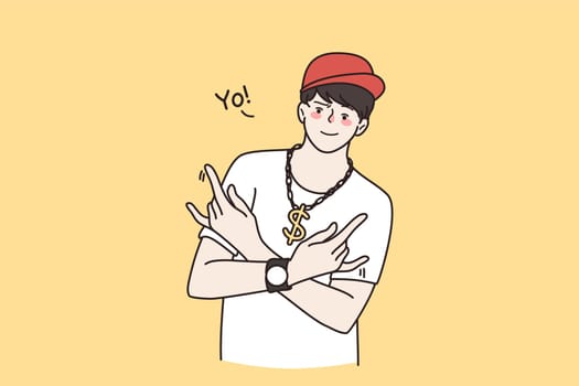 Young Caucasian guy rapper show Yo hand gesture. Smiling cool man gangster or hip hop dancer singer act perform. Subculture, urban style concept. Rap culture. Flat vector illustration.