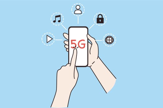 Person hold modern smartphone with 5g network, mobile provider connection. People client or customer use new era technology on cellphone gadget. Communication. Flat vector illustration.