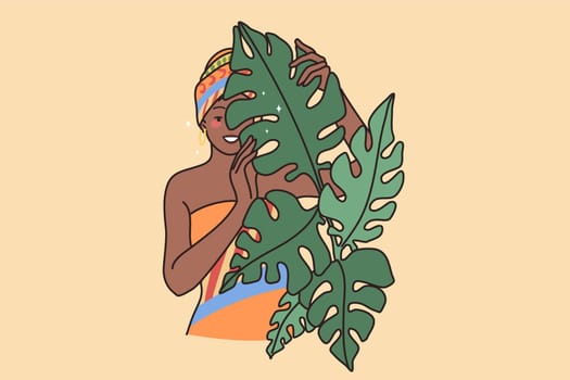 Young smiling African American woman in traditional clothes and turban. Happy black girl with scarf on head look behind leaves trees. Ethnicity and diversity concept. Flat vector illustration.