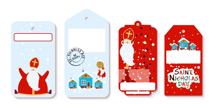Bright festive paper price tags or gift tags of various shapes. Set of stickers for the day of St. Nicholas. St. Nicholas Day, Mikulas, Sinterklaas Eve. Gift tags.