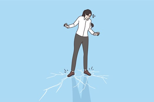 Anxious stressed businesswoman walk on thin ice risk in company deal or offer. Worried woman employee take risky decision, unsure doubtful. Cartoon character, flat vector illustration.
