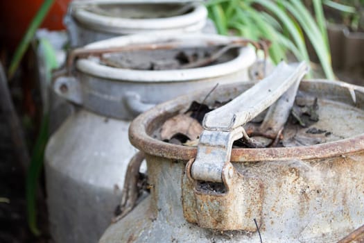 Rural vintage milk cans over grass, old metal cans closeup
