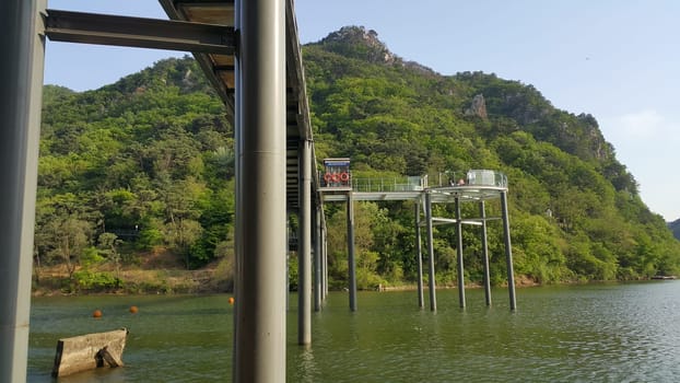 View of beautiful scene of river water and green trees on large hills on a sunny day with blue sky in background. A lovely landscape with breathtaking view over the horizon .