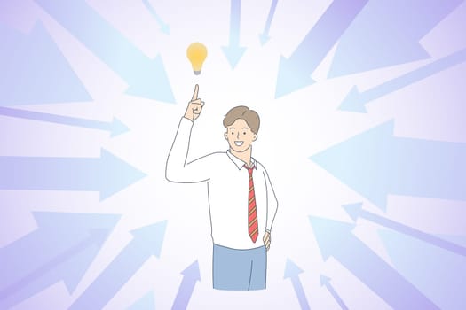 Having great business idea concept. Young smiling businessman cartoon character standing pointing at light bulb above vector illustration