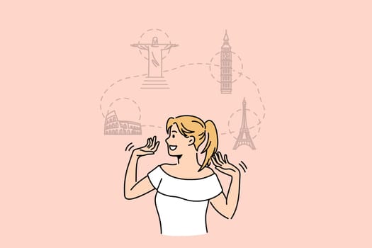 Traveling and dreaming of vacations concept. Young smiling blonde woman cartoon character standing dreaming of trip to Rome Rio London and Paris vector illustration