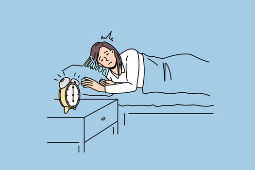Feeling sleepy and alarm clock concept. Young sleepy woman staying in bed trying to wale up with alarm clock beats at six in morning vector illustration