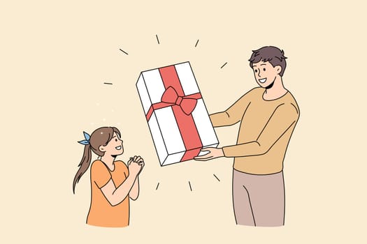 Surprise and holiday present concept. Smiling young man father standing and giving huge present box with ribbon for his surprised daughter vector illustration