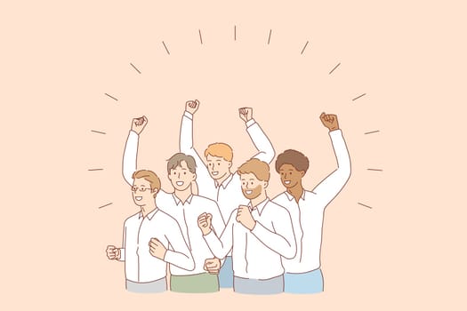 Mixed race team and success concept. Group of young men colleagues worker of various ethnicities standing celebrating success together vector illustration