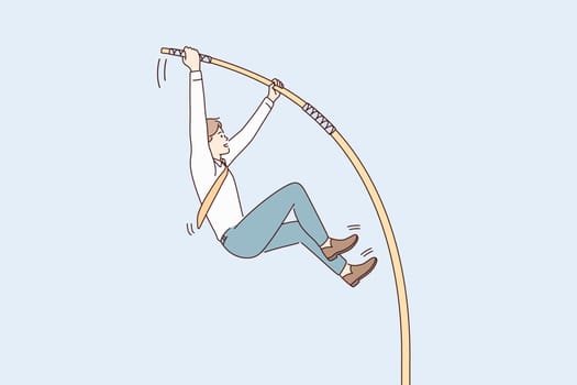 Business challenge and confidence concept. Young smiling businessman cartoon character jumping with stick to achieve goal vector illustration