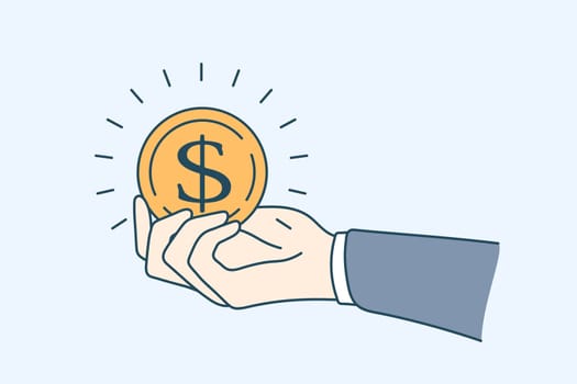 Wealth and financial stability concept. Hand of businessman in suit holding huge golden coin over blue background vector illustration