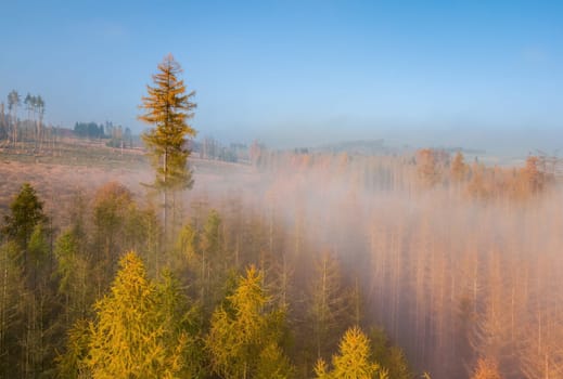 Aerial view of autumn sunrise countryside, traditional fall landscape with rising sun in Central europe. Foggy and misty sunrise. Frozen landscape from bird eye. Czech Republic,Vysocina highland