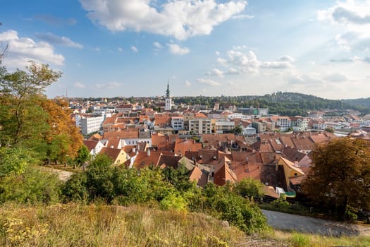 Panorama of city Trebic, a UNESCO world heritage site in Moravia, Czech Republic, St Martin Church in Trebic, Czech Republic