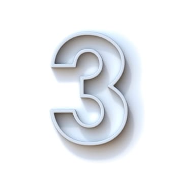 Grey extruded outlined font with shadow Number 3 THREE 3D rendering illustration isolated on white background