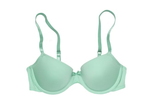 Bra isolated. Closeup of beautiful female stylish turquoise green bra with straps isolated on a white background. Fashionable women underwear.