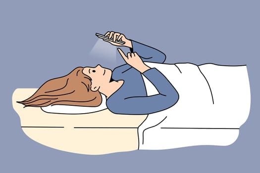 Addiction to internet and chatting concept. Young woman cartoon character lying in bed having rest with turned on smartphone chatting vector illustration