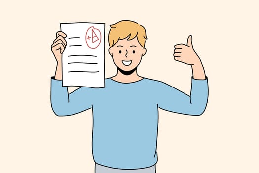 Success in education and learning concept. Smiling boy schoolboy pupil standing holding educational exam with excellent result in hands feeling cheerful vector illustration