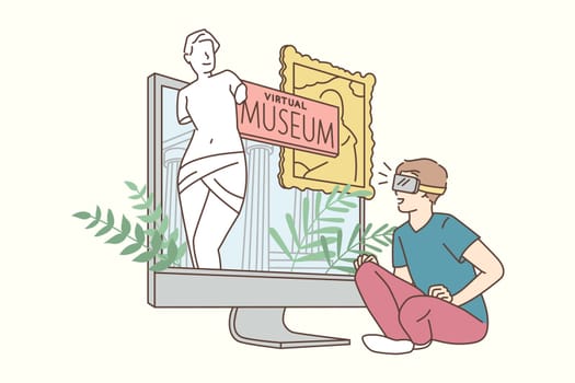 Virtual museum and technologies concept. Smiling boy cartoon character sitting looking at laptop screen with virtual museum online vector illustration
