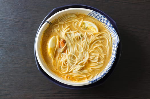 Asian noodle soup, ramen with prawn shrimp and egg